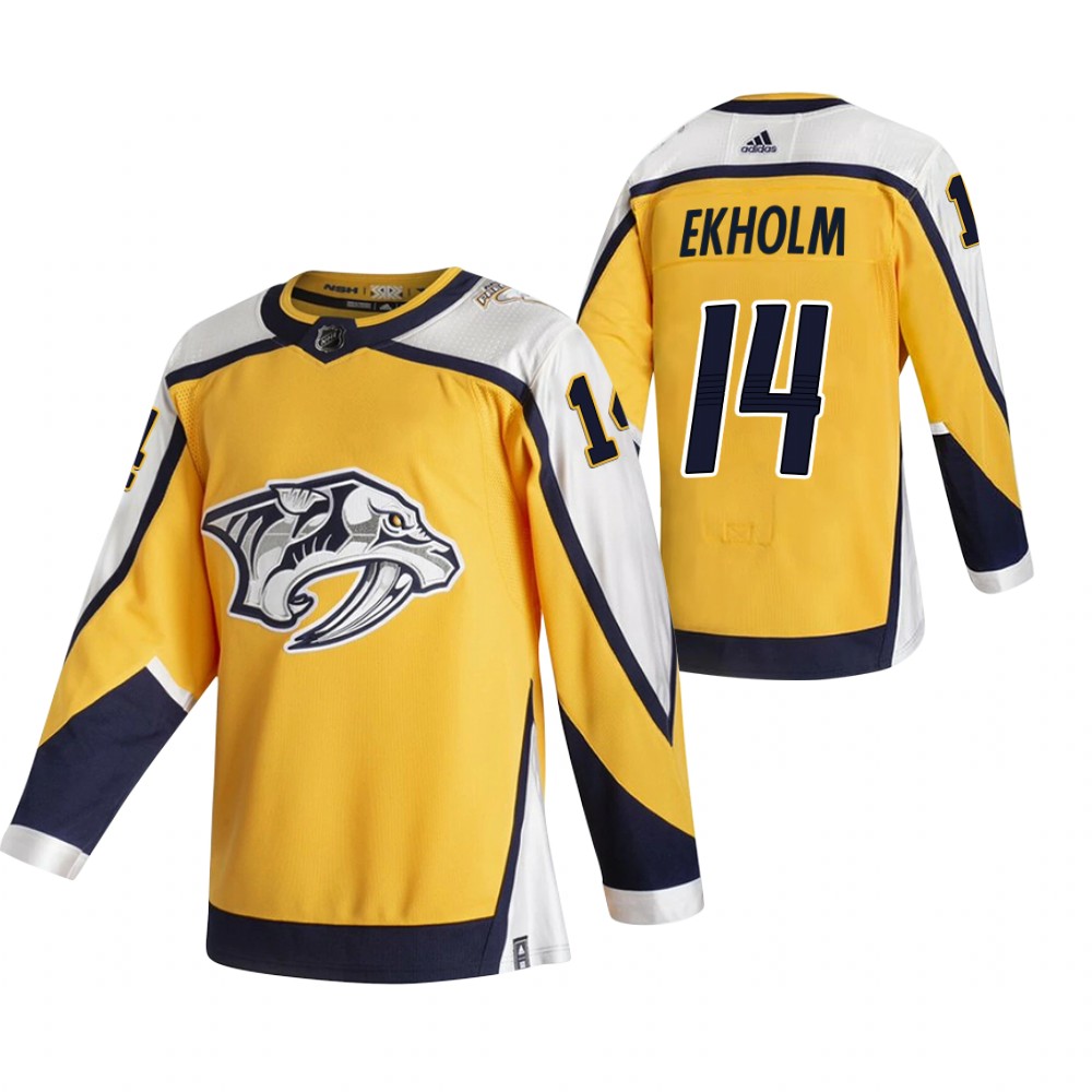 2021 Adidias Nashville Predators 14 Mattias Ekholm Yellow Men Reverse Retro Alternate NHL Jersey